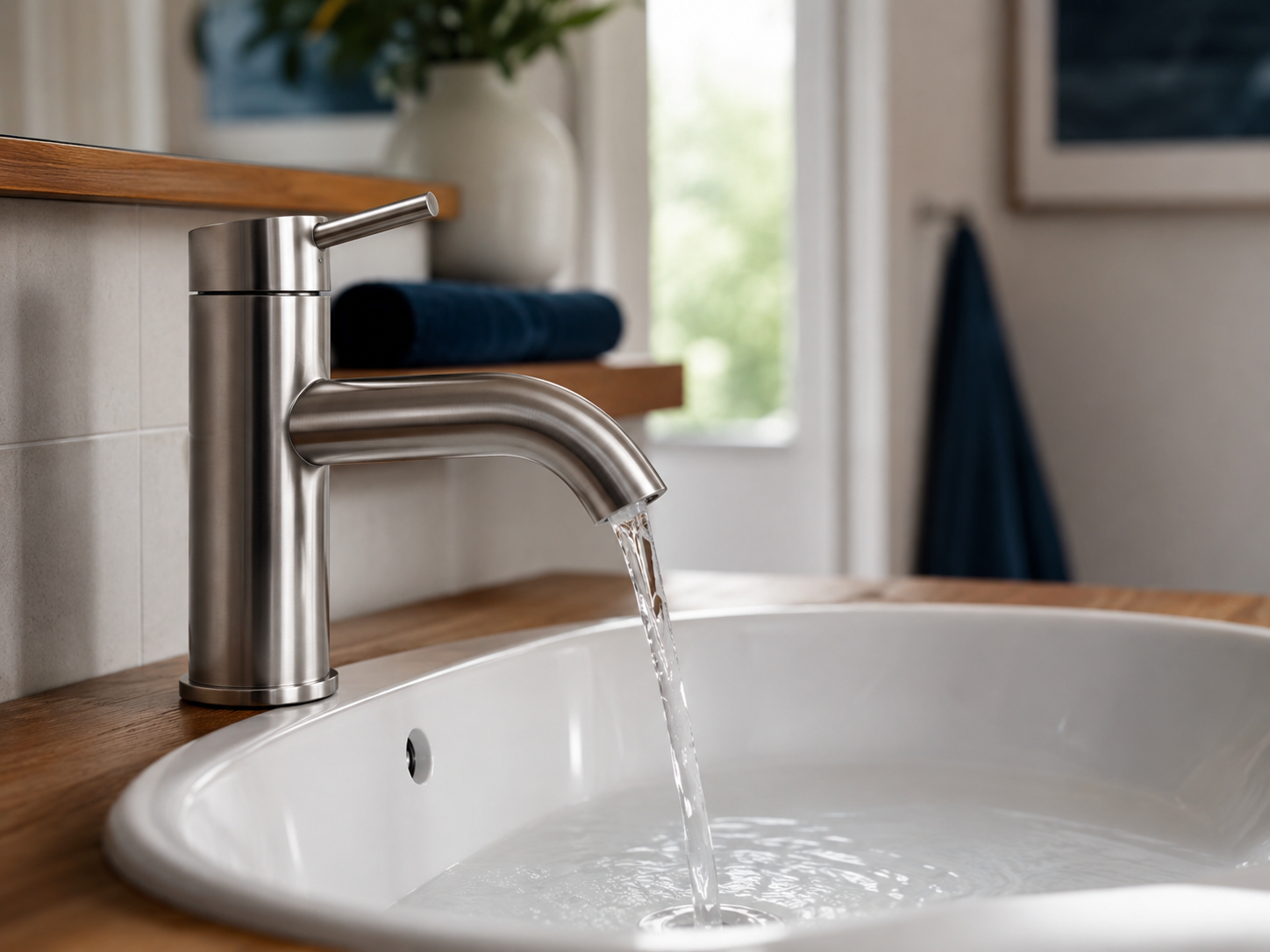 Water flowing from a clean residential bathroom faucet